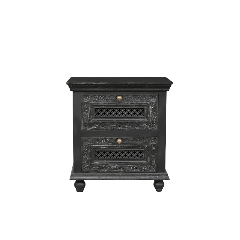 Pemberly Row Black Solid Wood 2 Drawer Nightstand with Floral Drawer Fronts