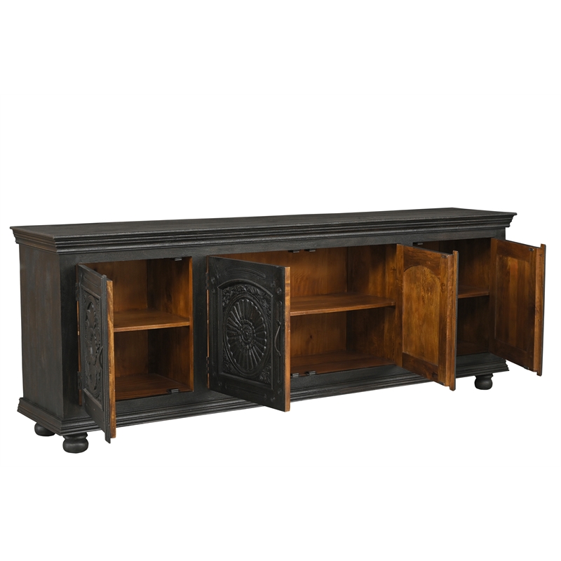 Pemberly Row Black Solid Wood Carved Sideboard Cabinet with Floral Details