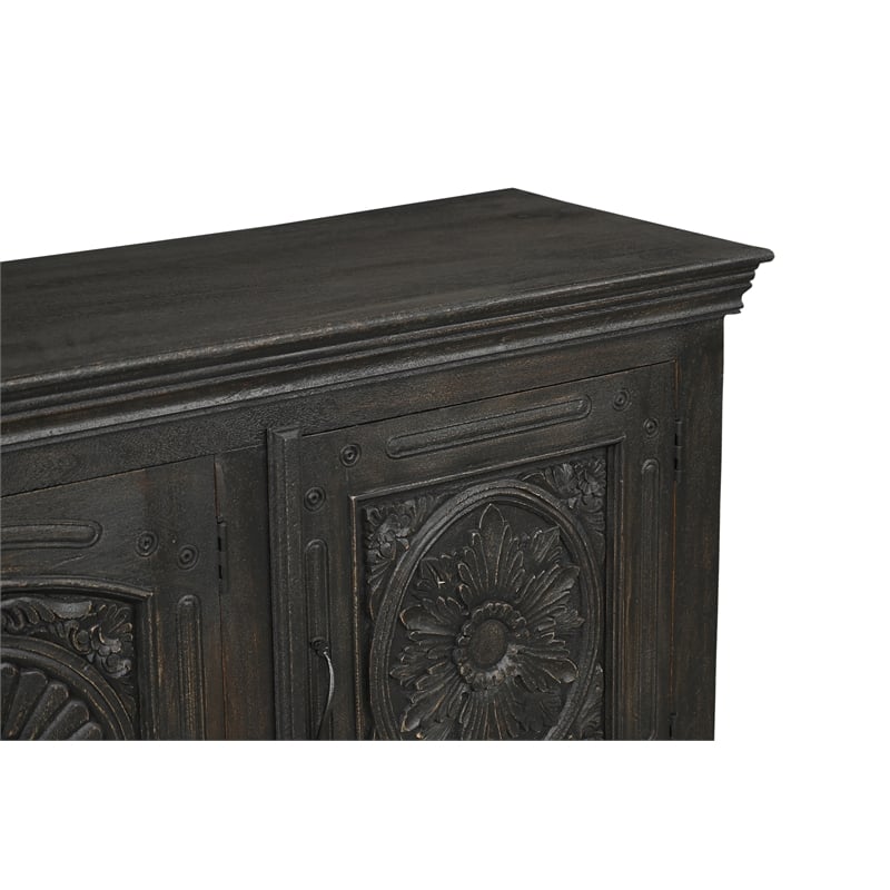 Pemberly Row Black Solid Wood Carved Sideboard Cabinet with Floral Details