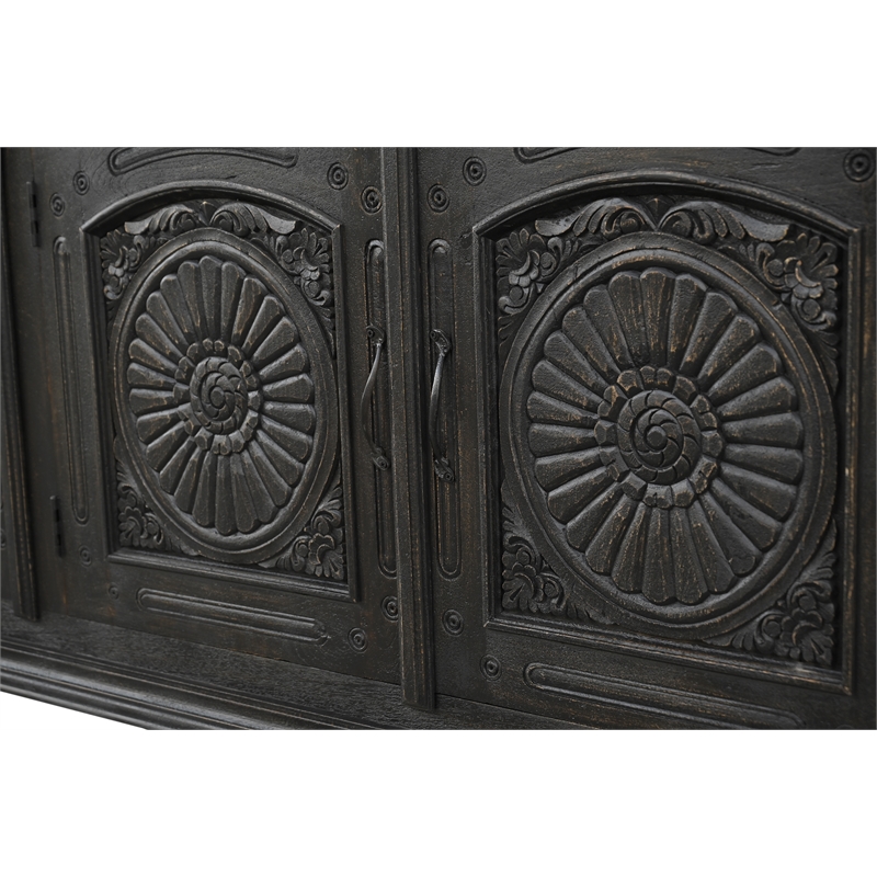 Pemberly Row Black Solid Wood Carved Sideboard Cabinet with Floral Details