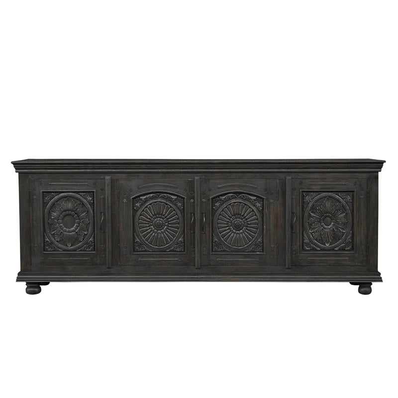 Pemberly Row Black Solid Wood Carved Sideboard Cabinet with Floral Details