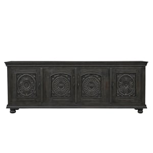 Pemberly Row Black Solid Wood Carved Sideboard Cabinet with Floral Details