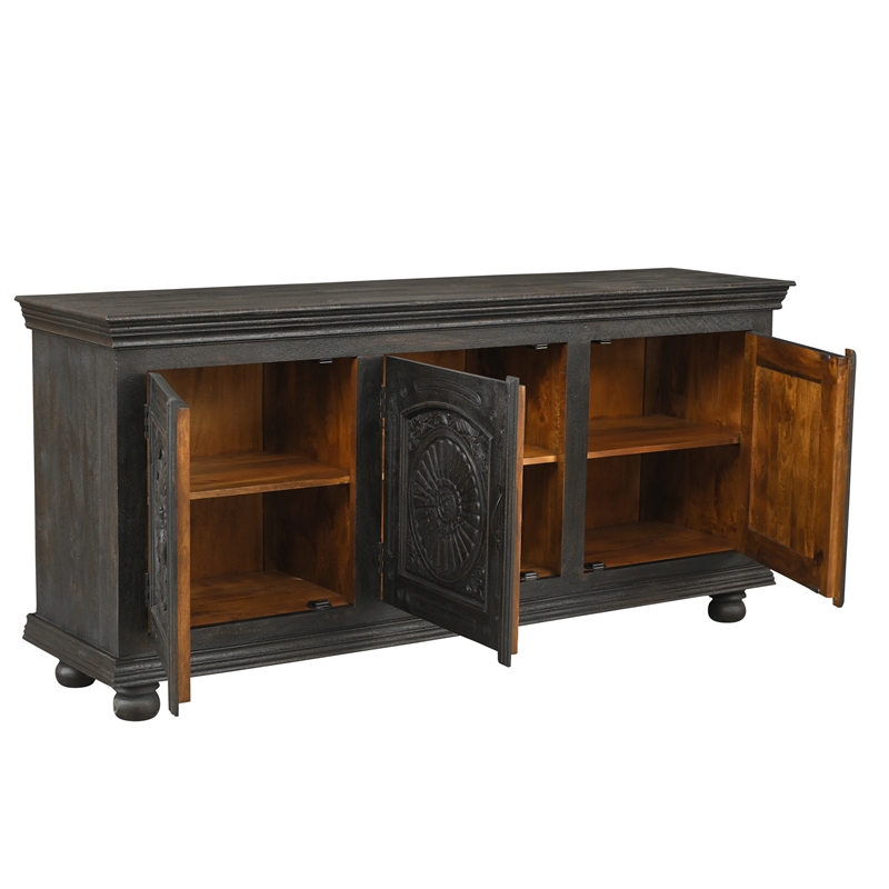 Pemberly Row Black Solid Wood Carved Sideboard Cabinet with Floral Details