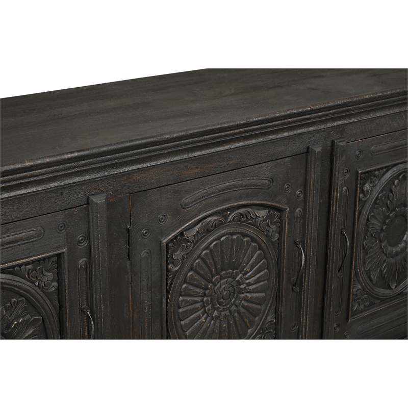 Pemberly Row Black Solid Wood Carved Sideboard Cabinet with Floral Details