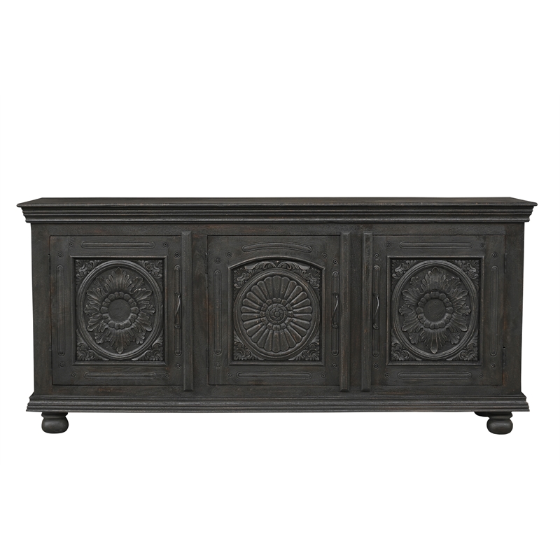 Pemberly Row Black Solid Wood Carved Sideboard Cabinet with Floral Details