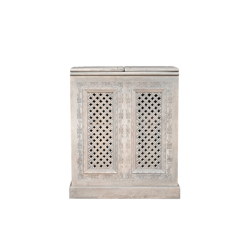 Pemberly Row Expandable Solid Mango Wood Bar Cabinet with Stemware Rack