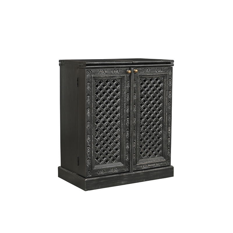Pemberly Row Expandable Solid Mango Wood Bar Cabinet with Stemware Rack