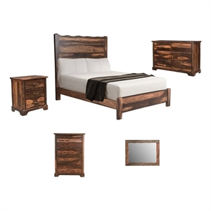 Pemberly Row Brown Live Edge Solid Wood Sheesham 5-Piece Queen Bedroom Set