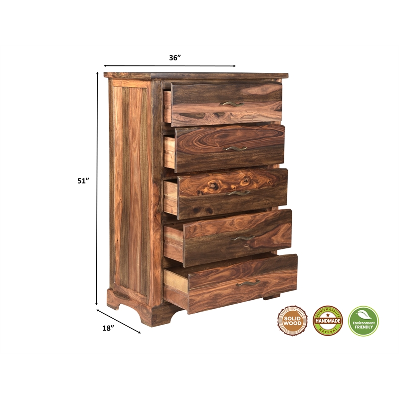 Pemberly Row Brown Live Edge Solid Wood Sheesham 5-Piece Queen Bedroom Set