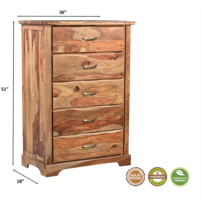 Pemberly Row Brown Live Edge Solid Wood Sheesham 5-Piece Queen Bedroom Set