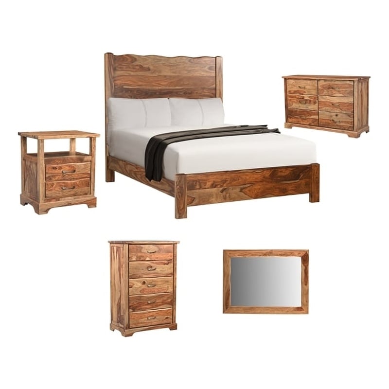 Pemberly Row Brown Live Edge Solid Wood Sheesham 5-Piece Queen Bedroom Set
