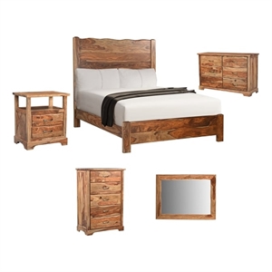 Pemberly Row Brown Live Edge Solid Wood Sheesham 5-Piece Queen Bedroom Set