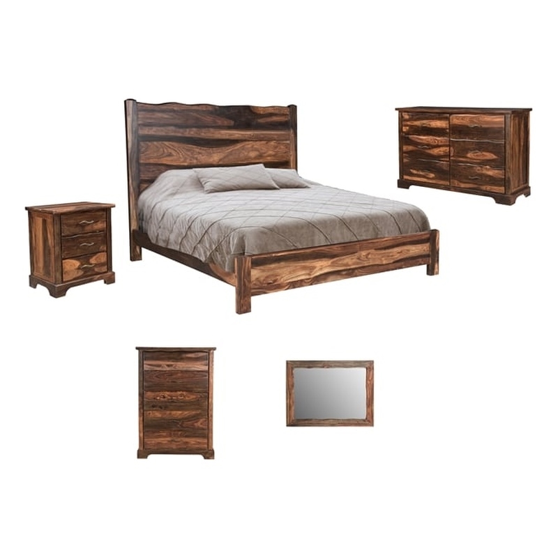 Pemberly Row Brown Live Edge Solid Wood Sheesham 5-Piece King Bedroom Set