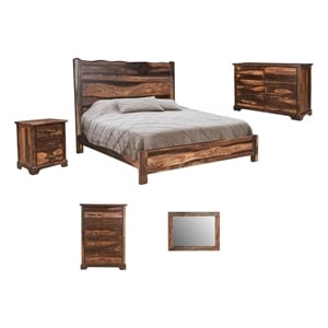 Pemberly Row Brown Live Edge Solid Wood Sheesham 5-Piece King Bedroom Set