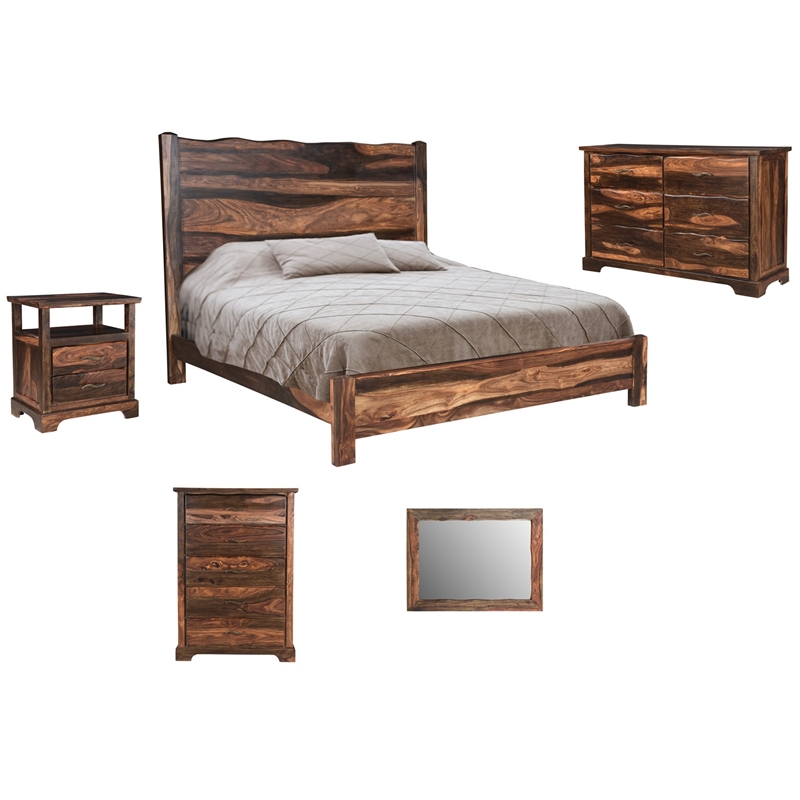 Pemberly Row Brown Live Edge Solid Wood Sheesham 5-Piece King Bedroom Set