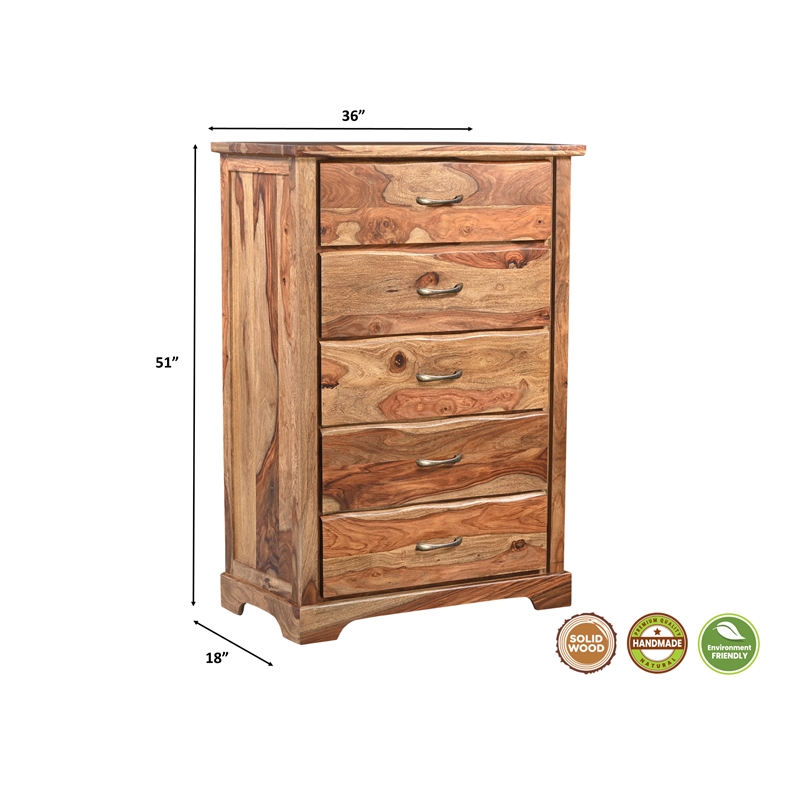 Pemberly Row Brown Live Edge Solid Wood Sheesham 5-Piece King Bedroom Set