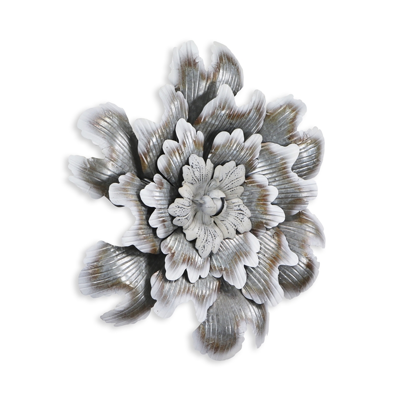 Pemberly Row Galvanized Metal Peony Style Wall Decor in Silver