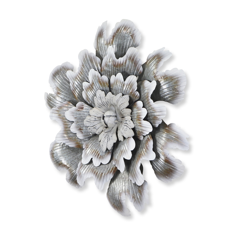 Pemberly Row Galvanized Metal Peony Style Wall Decor in Silver