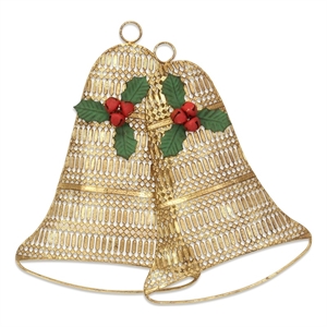 Pemberly Row Gold Metal Holiday Bell Wall Hanging with Ribbon