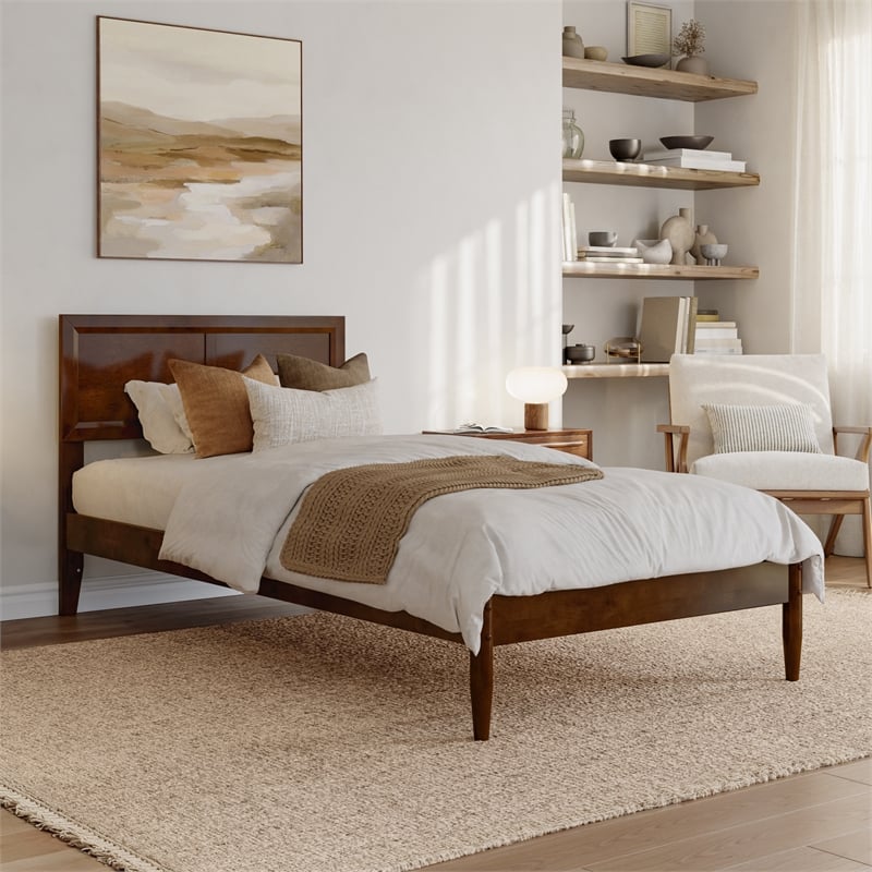 Pemberly Row Twin XL Solid Wood Platform Bed with Slats in Walnut