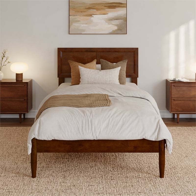 Pemberly Row Twin XL Solid Wood Platform Bed with Slats in Walnut