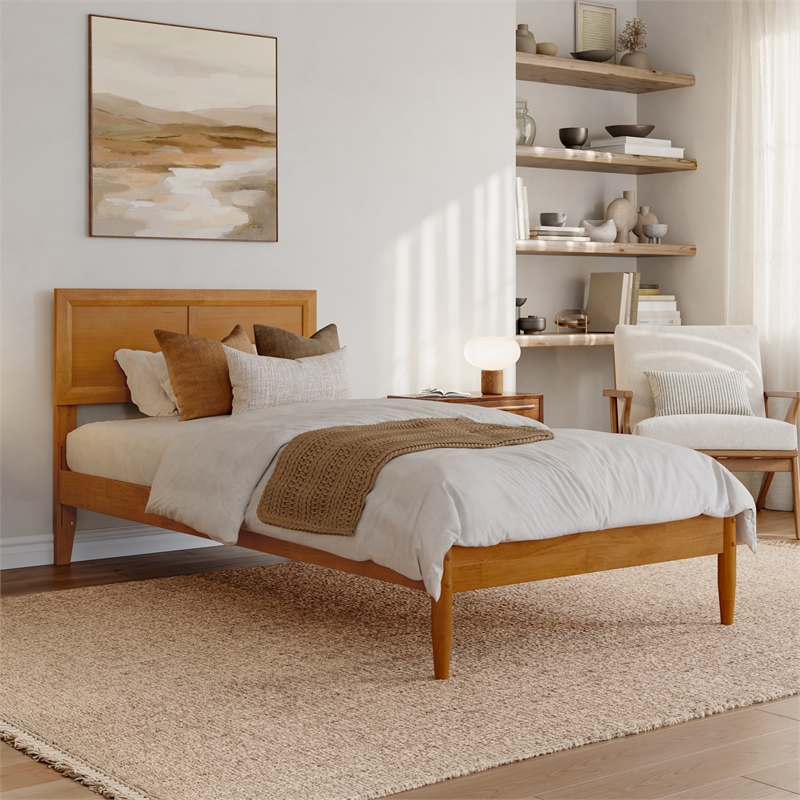 Pemberly Row Twin XL Solid Wood Platform Bed with Slats in Light Toffee