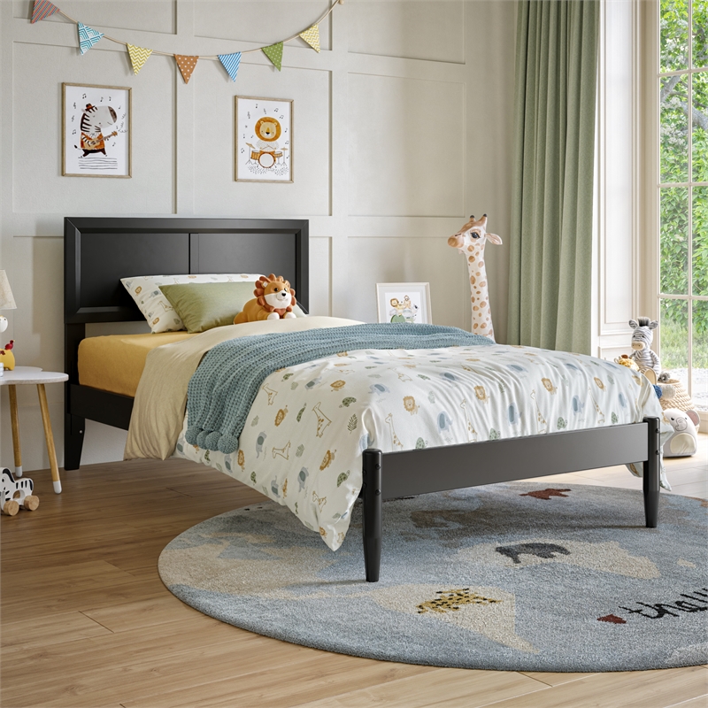 Pemberly Row Twin Solid Wood Platform Bed with Slat Support in Black