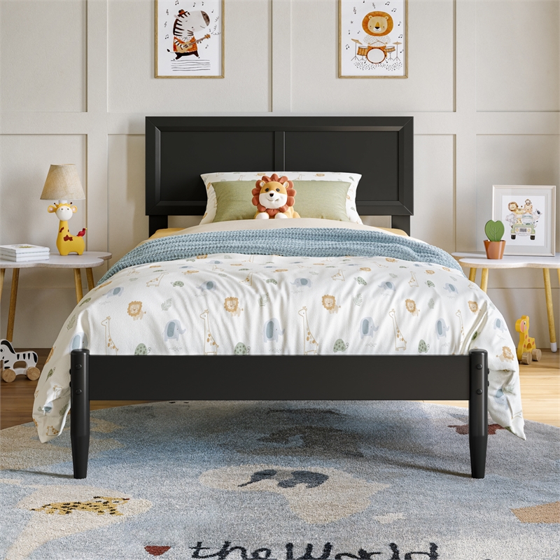 Pemberly Row Twin Solid Wood Platform Bed with Slat Support in Black