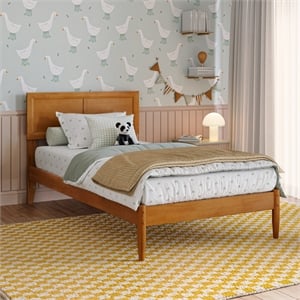 Pemberly Row Twin Solid Wood Platform Bed with Slats in Light Toffee
