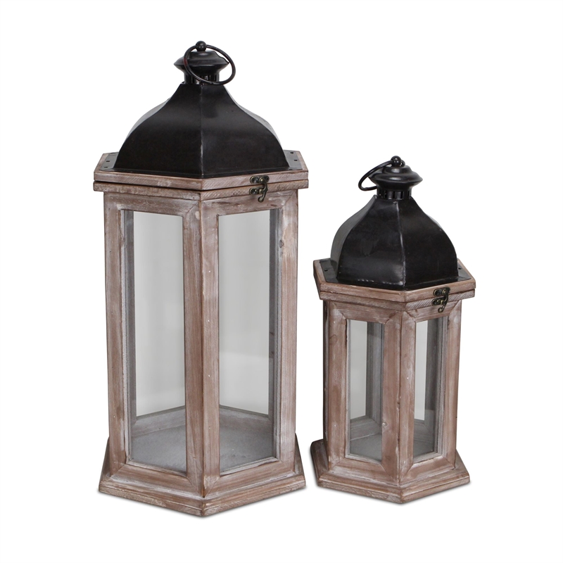 Pemberly Row Set of 2 Hexagon Lanterns with Black Metal Tops