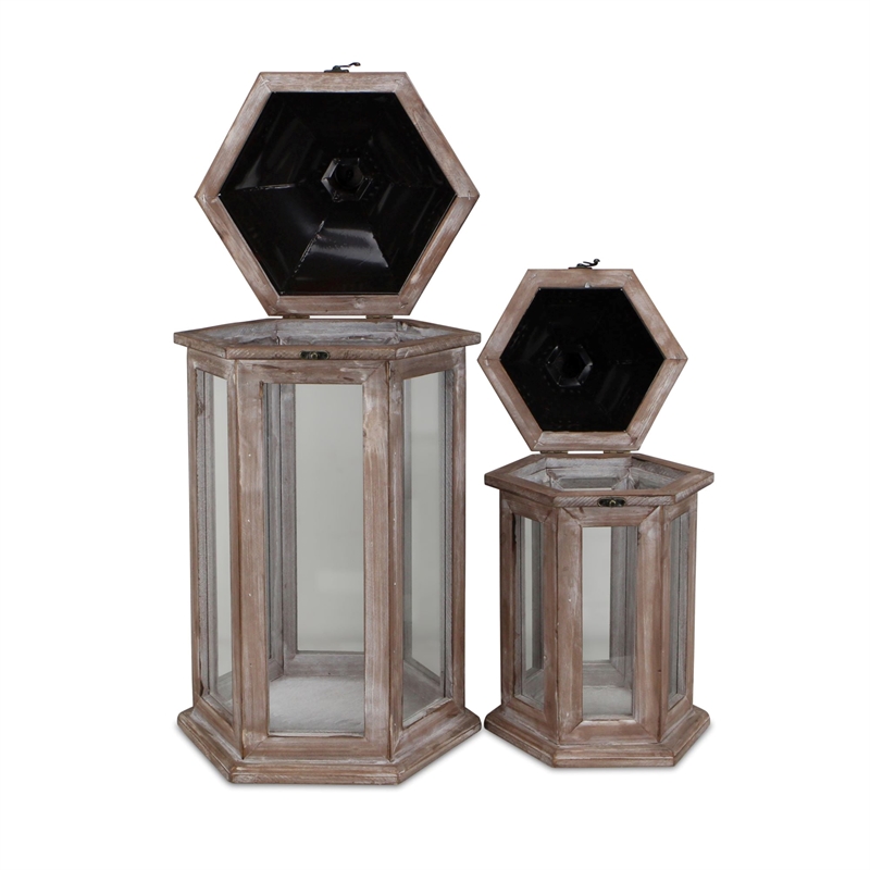 Pemberly Row Set of 2 Hexagon Lanterns with Black Metal Tops