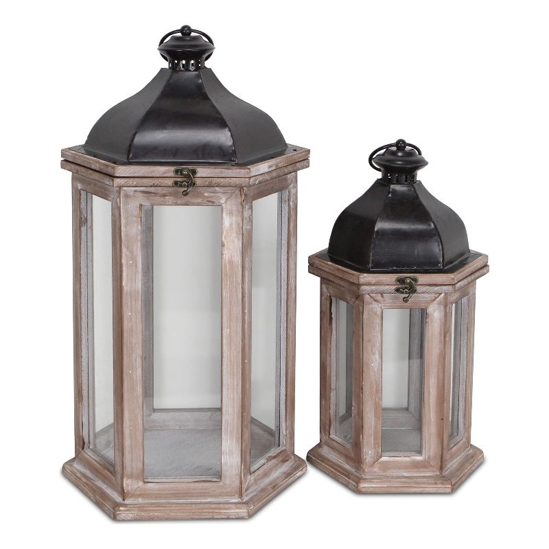 Pemberly Row Set of 2 Hexagon Lanterns with Black Metal Tops