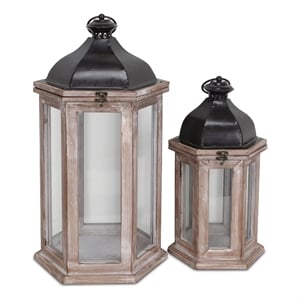 Pemberly Row Set of 2 Hexagon Lanterns with Black Metal Tops