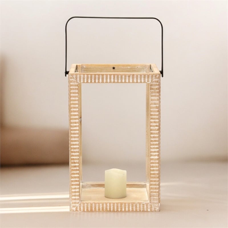 Pemberly Row Ridge Patterned Wood Lantern with Handle in Large Size