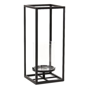 Pemberly Row Square Black Metal and Glass Panel Lantern Large Size