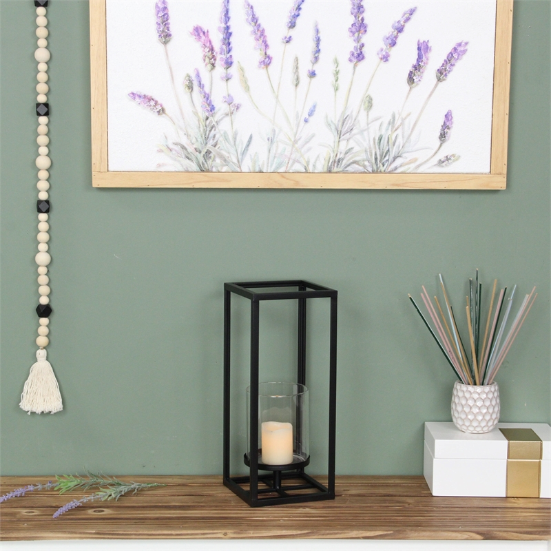 Pemberly Row Square Black Metal and Glass Panel Lantern Small Size
