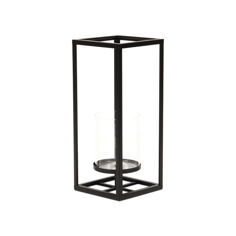 Pemberly Row Square Black Metal and Glass Panel Lantern Small Size