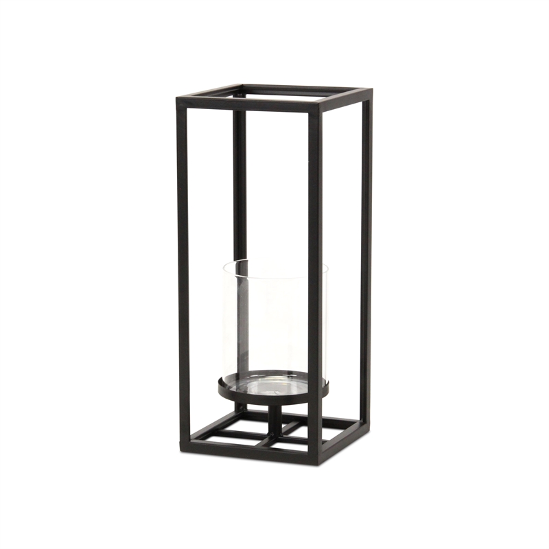Pemberly Row Square Black Metal and Glass Panel Lantern Small Size