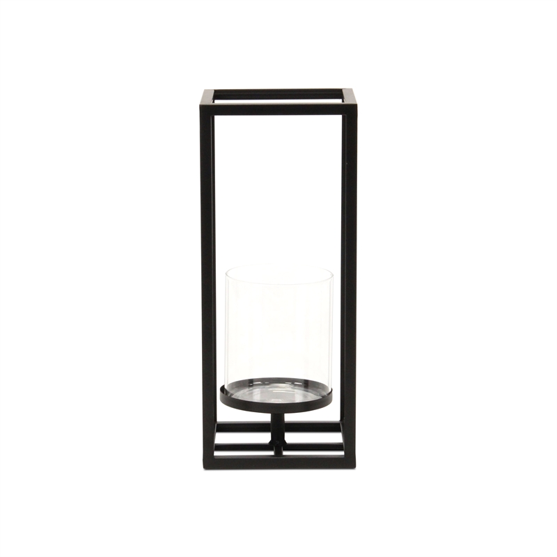 Pemberly Row Square Black Metal and Glass Panel Lantern Small Size