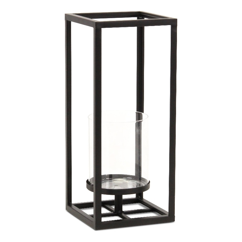 Pemberly Row Square Black Metal and Glass Panel Lantern Small Size