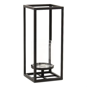 Pemberly Row Square Black Metal and Glass Panel Lantern Small Size
