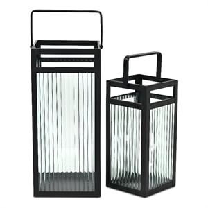 Pemberly Row Set of 2 Fluted Glass Lanterns 16&quot and 12.25&quot in Black