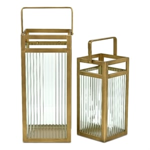 Pemberly Row Set of 2 Fluted Glass Lanterns 16&quot and 12.25&quot in Gold