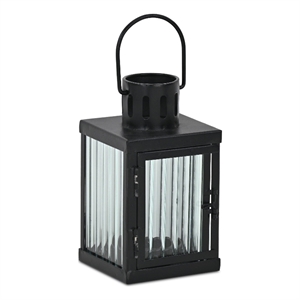 Pemberly Row 6.75&quot Fluted Glass and Metal Candle Lantern in Black