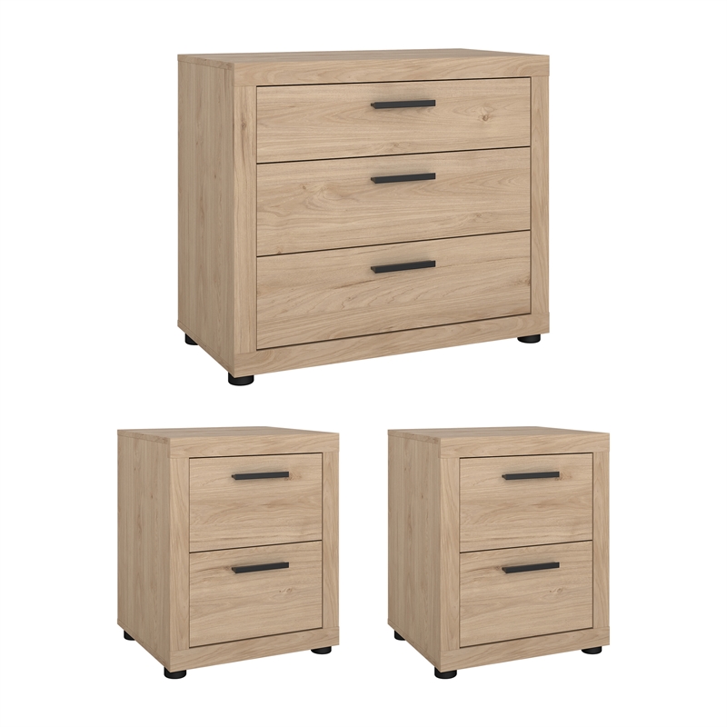 Pemberly Row Jackson Hickory 3-Pc Bedroom Set with Chest & Nightstand Set of 2