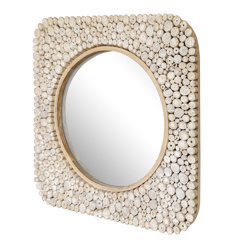 Pemberly Row Teak Wood Branch Mosaic Round Mirror in Natural Brown