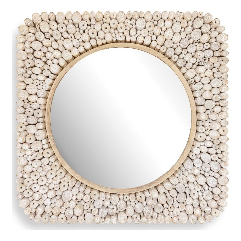 Pemberly Row Teak Wood Branch Mosaic Round Mirror in Natural Brown