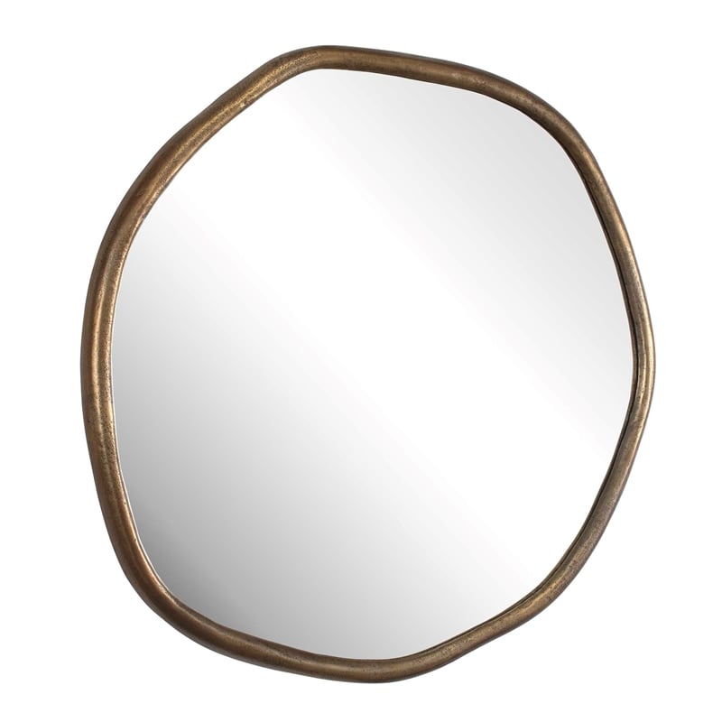 Pemberly Row Indoor/Outdoor Cast Iron Round Mirror in Antique Brass