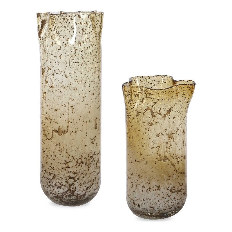 Pemberly Row Amber Seeded Glass Vases with Aged Metal in Brown (Set of 2)