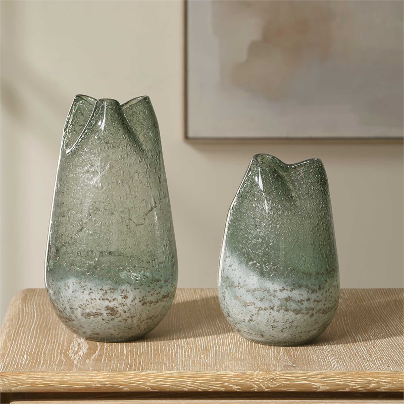 Pemberly Row Aqua Seeded Glass Vases with Aged Metal in Blue (Set of 2)